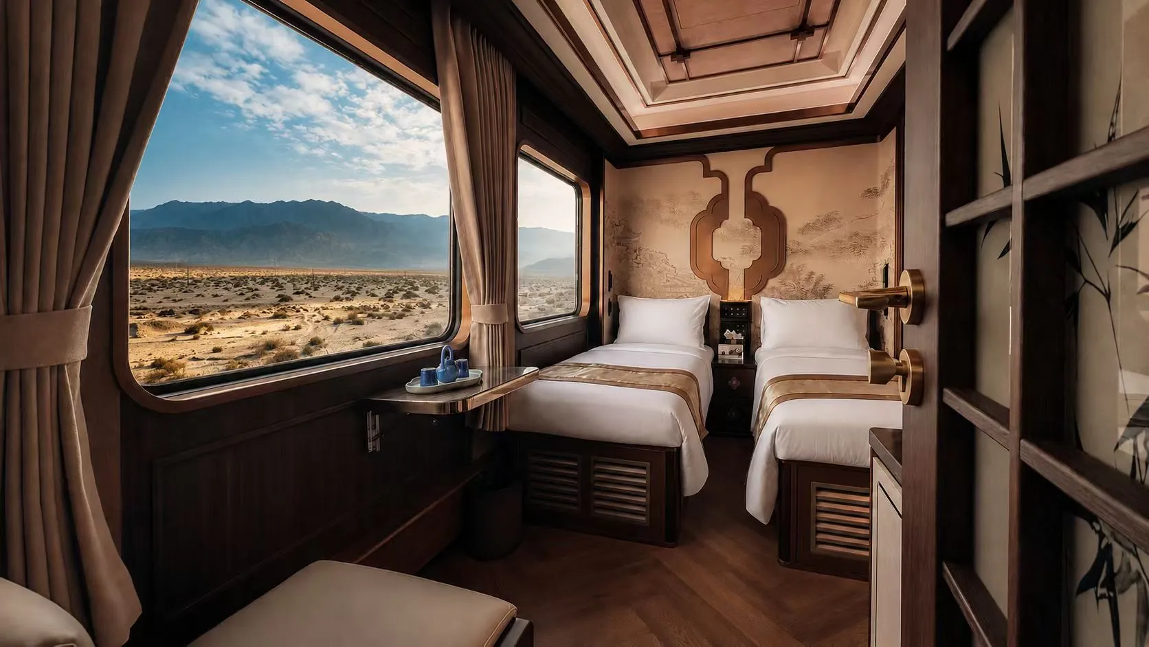 "Lying in the moving Oriental Elegant Residence to watch the Gobi sunset, this railway journey is more amazing than imagined! Open the door to the antique Song-style private room, open the curtains to the magnificent Gobi and distant mountains. The exquisite Sichuan-style Jiugongge meal ceremony in the carriage is full of feeling, the tea room at the back of the car watches the extension of the railway tracks, and the multi-functional hall listens to the guitar playing and singing. The whole process does not need to carry luggage and transfer trains, healing and comfortable."